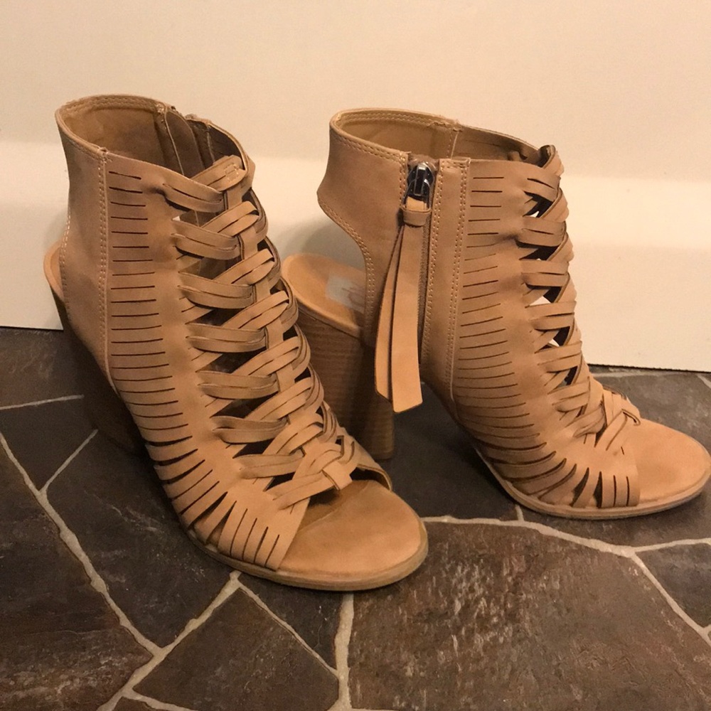 Tan open toe heels